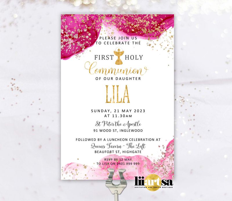 Pink Gold sparkle glitter Watercolour invitation communion