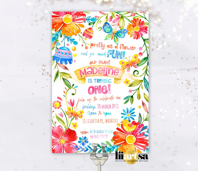 Spring Flowers floral first birthday invitation