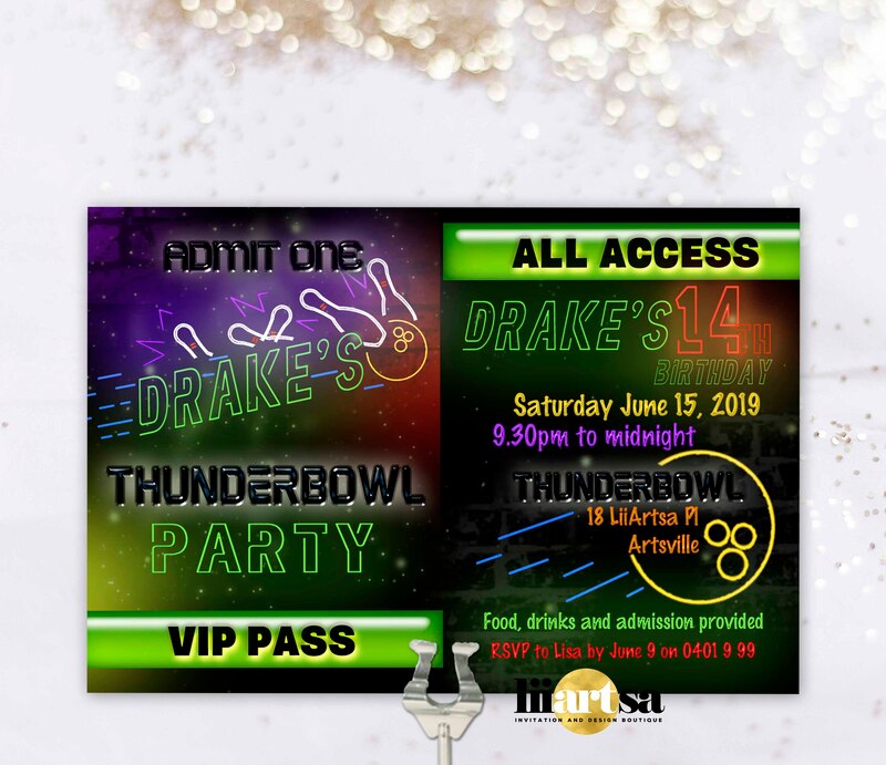 Glow in the Dark Bowling birthday invitation or VIP pass with lanyard