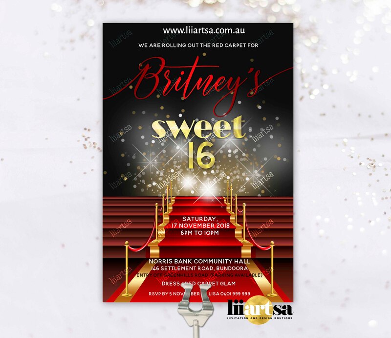 Sweet 16 Hollywood Red Carpet sixteen year old birthday invitation