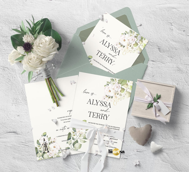 wedding invitations, garden wedding, floral wedding, white flower, eucalyptus
