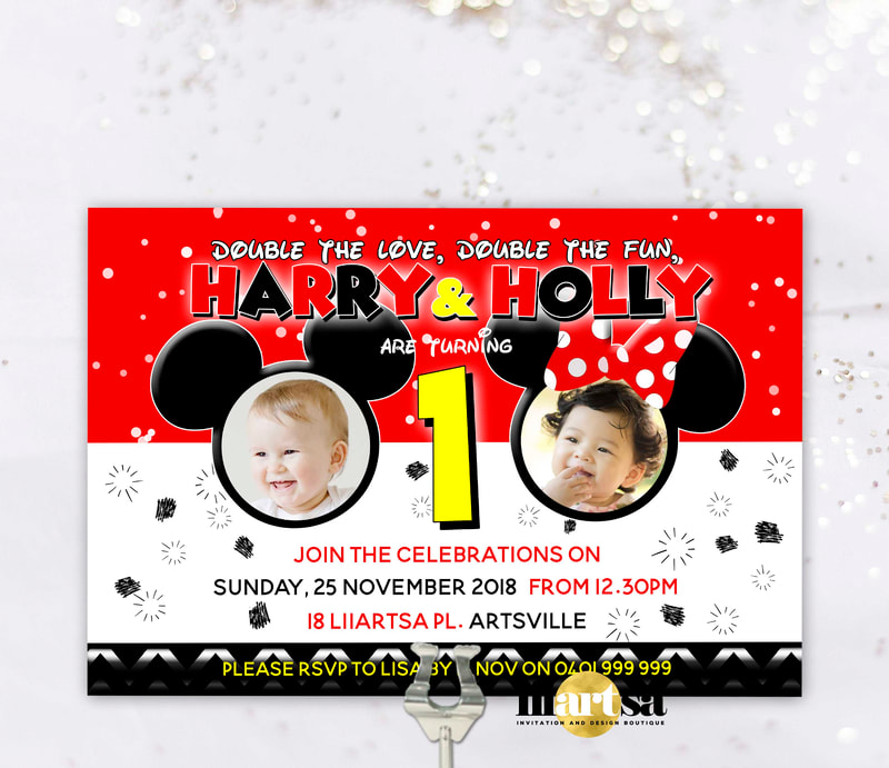 Mickey Mouse Minnie Mouse twin birthday invitation