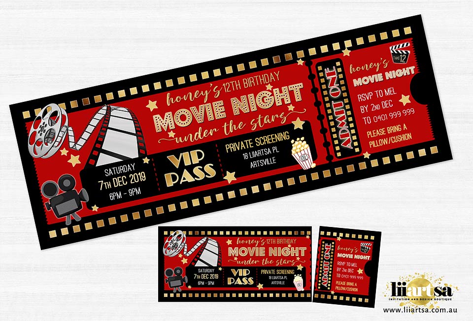 Movie Night Under the Stars Outdoor Movie VIP ticket with stub birthday invitation