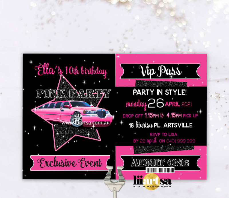 Pink Limo VIP Pass birthday invitation or pass with lanyard