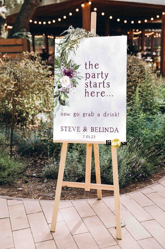 reception poster, garden wedding, party starts here poster, floral reception dign