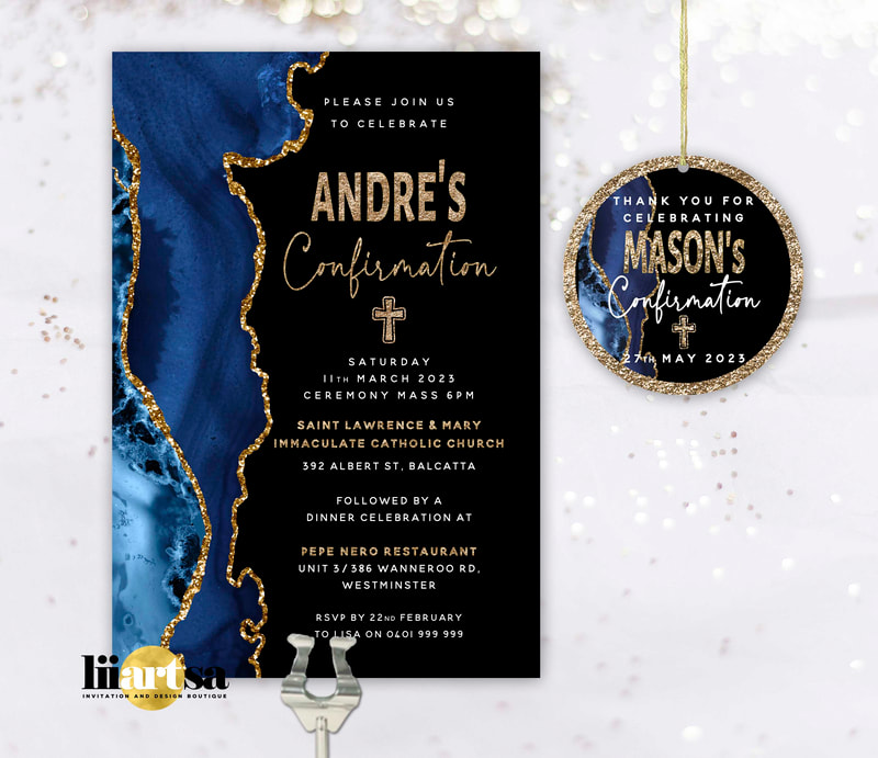 Blue Gold Agate Confirmation invitation