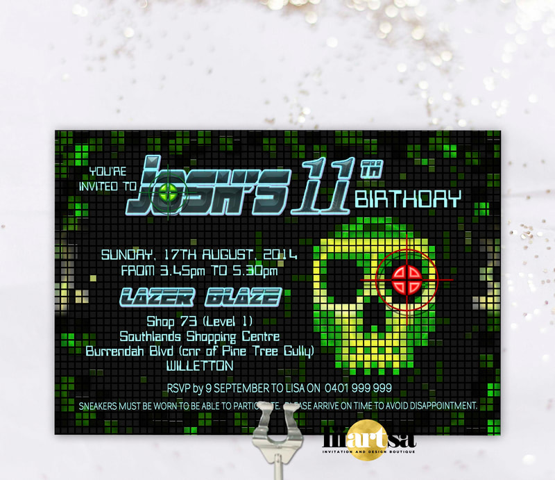 Skull Pixels gamer laser tag birthday invitation