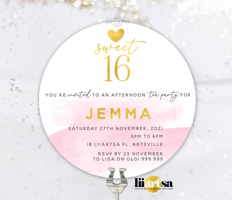 Sweet 16 pink and gold watercolour birthday invitation
