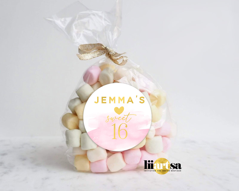 Sweet 16 pink and gold watercolour favour sticker